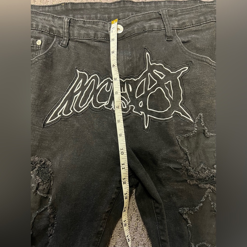 Black Rockstar Distressed Baggy Denim Men’s Jeans with Star Patches Size 40 - Picture 8 of 16
